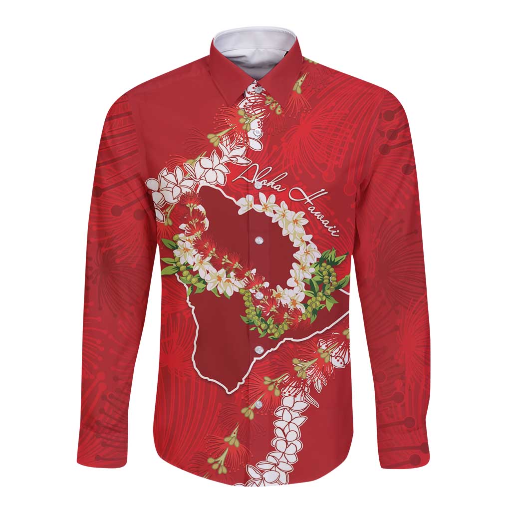 Hawaii Island Flowers Lei Long Sleeve Button Shirt Ohia Lehua Scarlet Red LT7 Unisex Red - Polynesian Pride