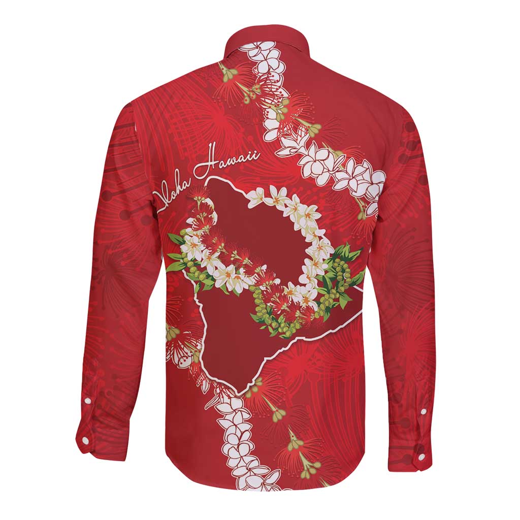Hawaii Island Flowers Lei Long Sleeve Button Shirt Ohia Lehua Scarlet Red LT7 - Polynesian Pride