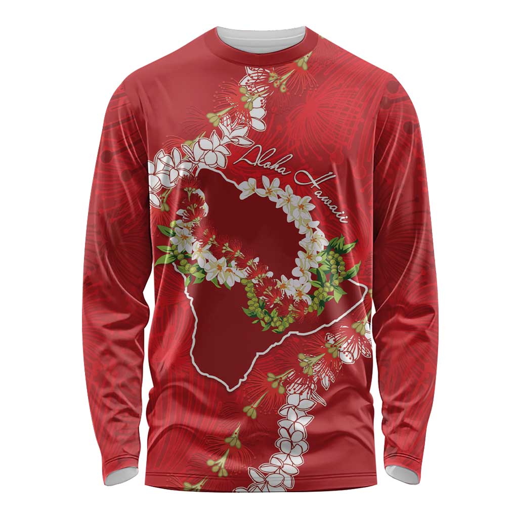 Hawaii Island Flowers Lei Long Sleeve Shirt Ohia Lehua Scarlet Red LT7 Unisex Red - Polynesian Pride