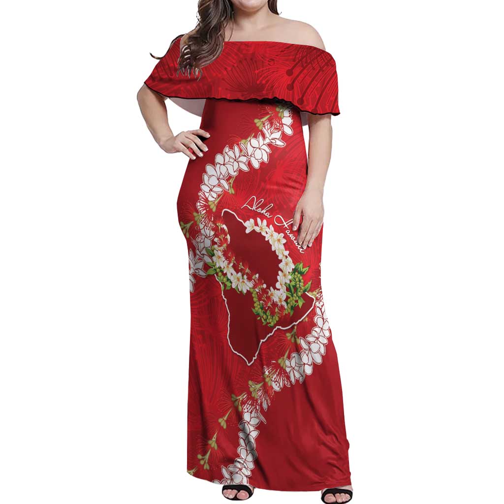 Hawaii Island Flowers Lei Off Shoulder Maxi Dress Ohia Lehua Scarlet Red LT7 Women Red - Polynesian Pride