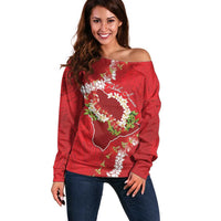 Hawaii Island Flowers Lei Off Shoulder Sweater Ohia Lehua Scarlet Red LT7 Women Red - Polynesian Pride