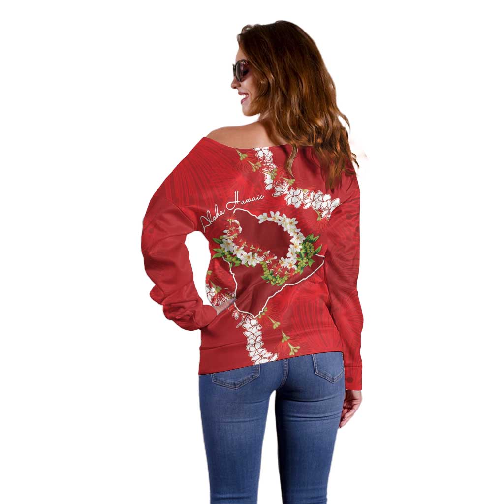 Hawaii Island Flowers Lei Off Shoulder Sweater Ohia Lehua Scarlet Red LT7 - Polynesian Pride