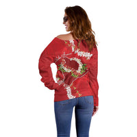 Hawaii Island Flowers Lei Off Shoulder Sweater Ohia Lehua Scarlet Red LT7 - Polynesian Pride