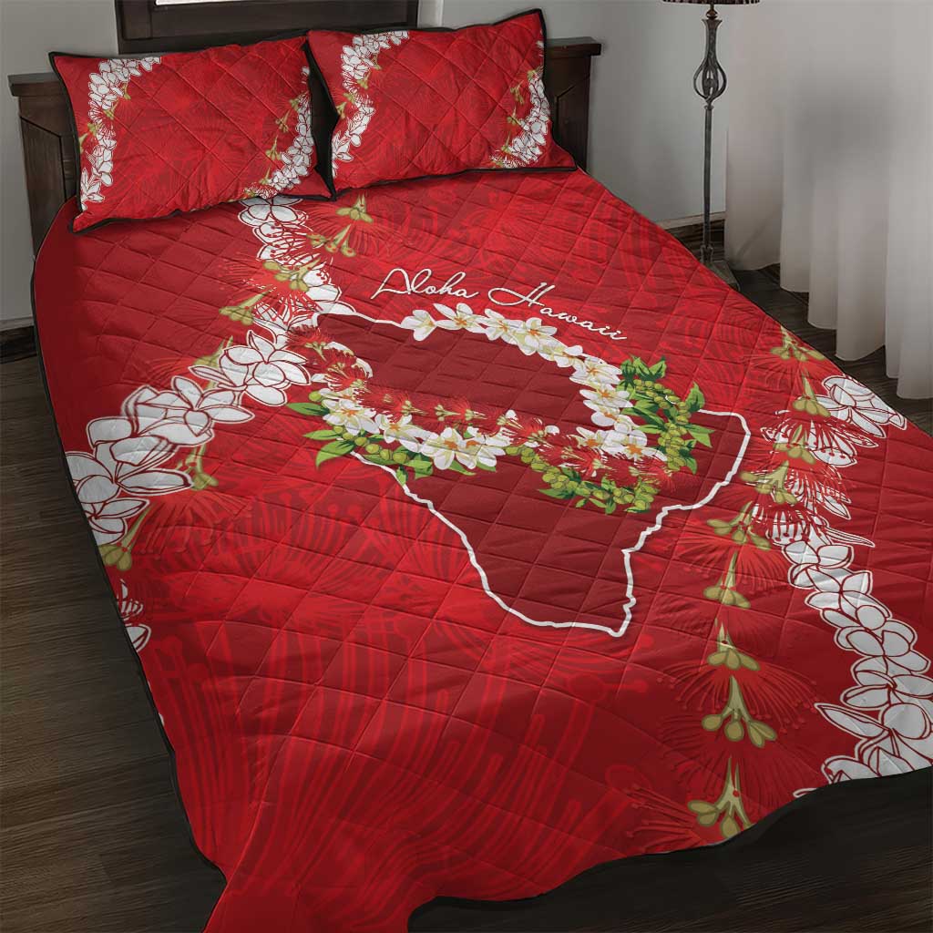 Hawaii Island Flowers Lei Quilt Bed Set Ohia Lehua Scarlet Red