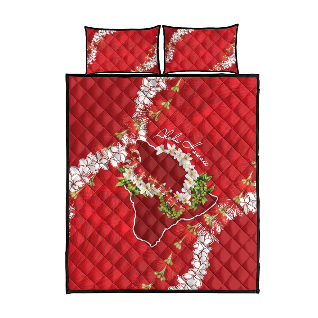 Hawaii Island Flowers Lei Quilt Bed Set Ohia Lehua Scarlet Red