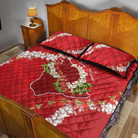 Hawaii Island Flowers Lei Quilt Bed Set Ohia Lehua Scarlet Red