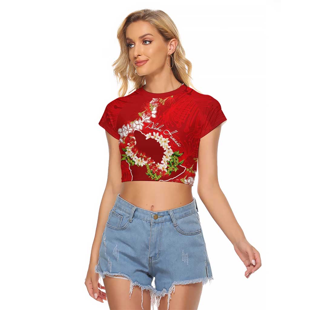 Hawaii Island Flowers Lei Raglan Cropped T Shirt Ohia Lehua Scarlet Red LT7 Female Red - Polynesian Pride