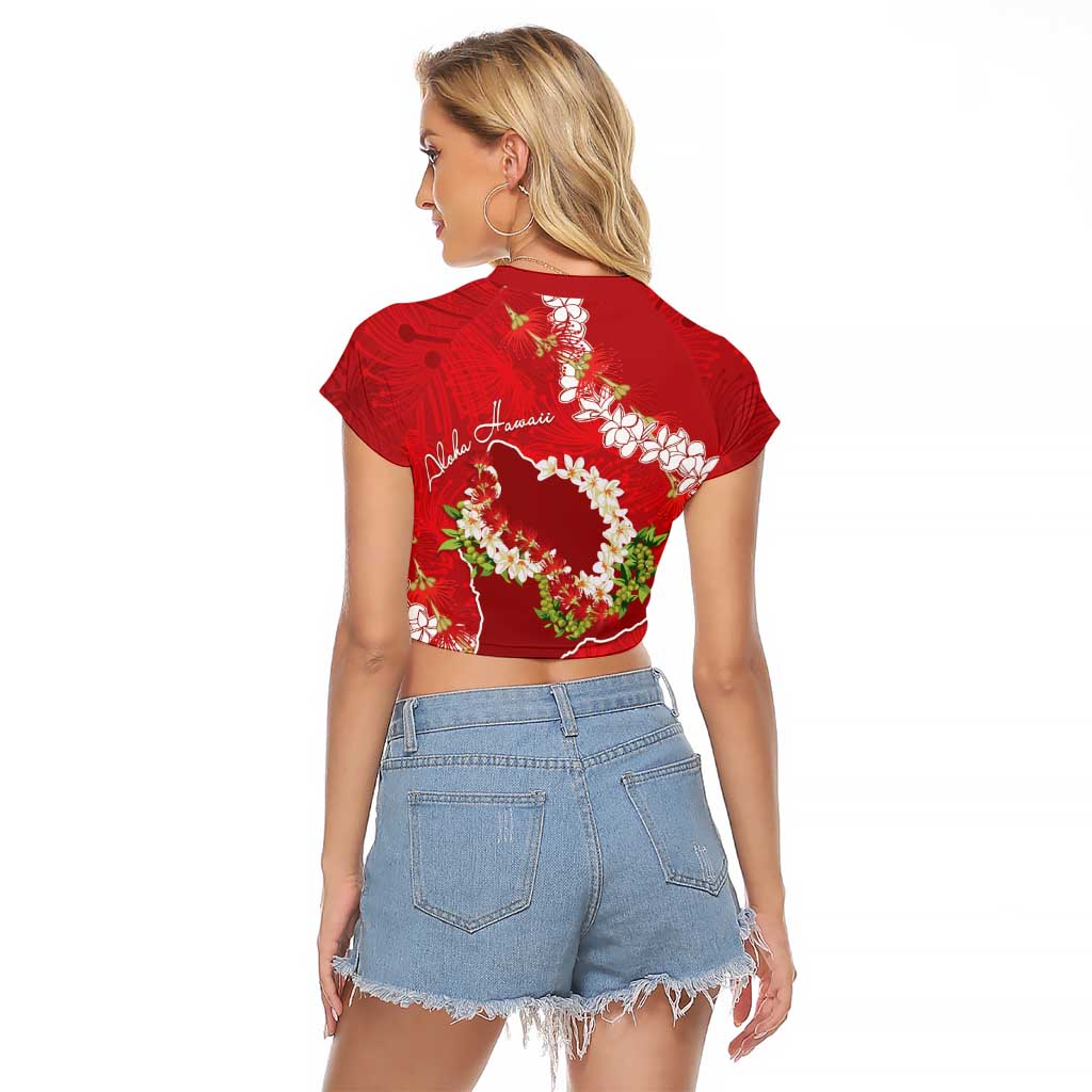 Hawaii Island Flowers Lei Raglan Cropped T Shirt Ohia Lehua Scarlet Red LT7 - Polynesian Pride