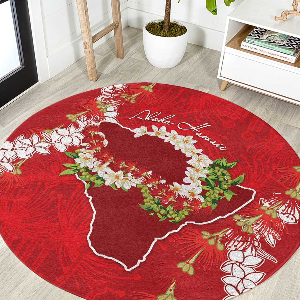 Hawaii Island Flowers Lei Round Carpet Ohia Lehua Scarlet Red LT7 Red - Polynesian Pride