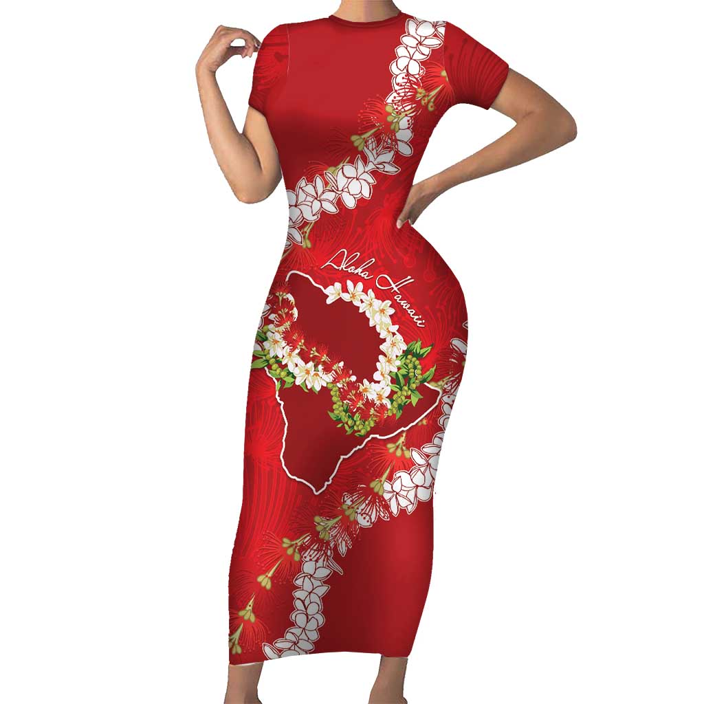 Hawaii Island Flowers Lei Short Sleeve Bodycon Dress Ohia Lehua Scarlet Red LT7 Long Dress Red - Polynesian Pride