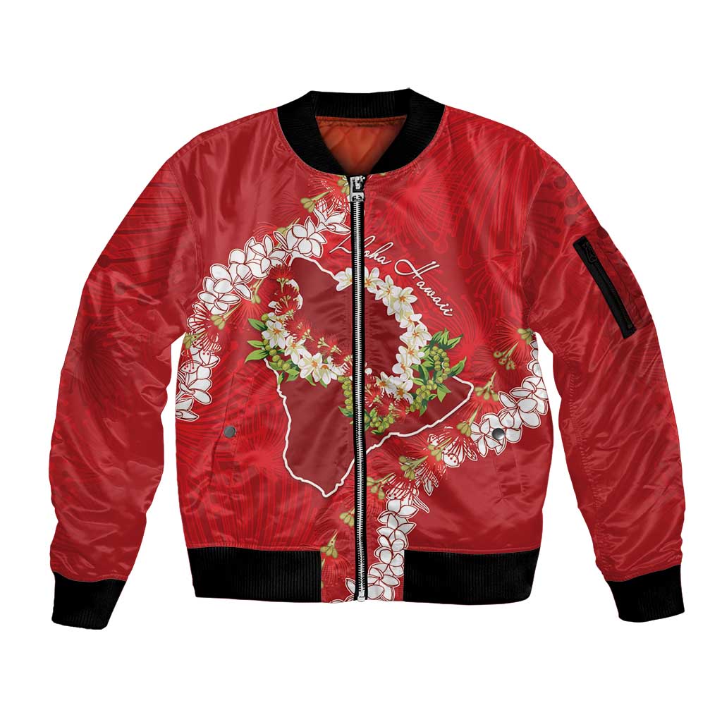 Hawaii Island Flowers Lei Sleeve Zip Bomber Jacket Ohia Lehua Scarlet Red LT7 Unisex Red - Polynesian Pride