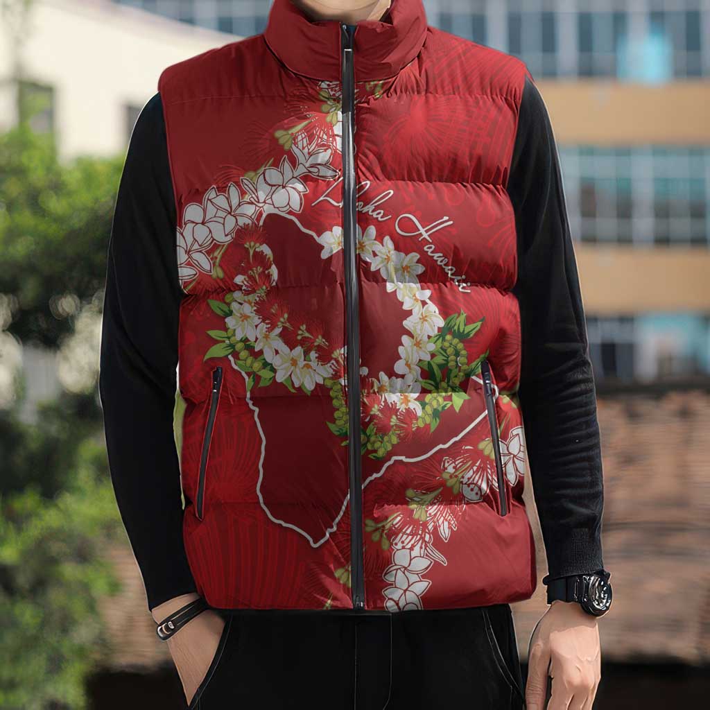Hawaii Island Flowers Lei Sleeveless Puffer Jacket Ohia Lehua Scarlet Red LT7 - Polynesian Pride