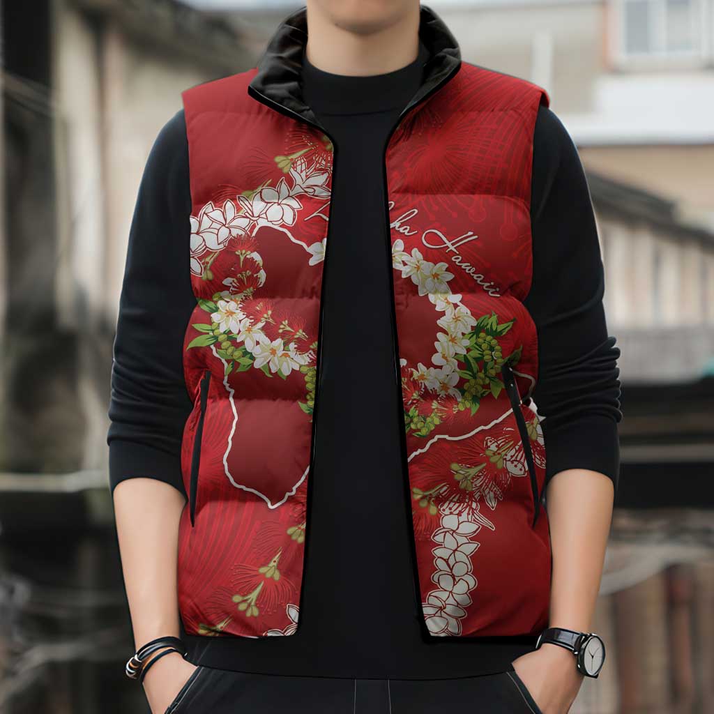 Hawaii Island Flowers Lei Sleeveless Puffer Jacket Ohia Lehua Scarlet Red LT7 - Polynesian Pride
