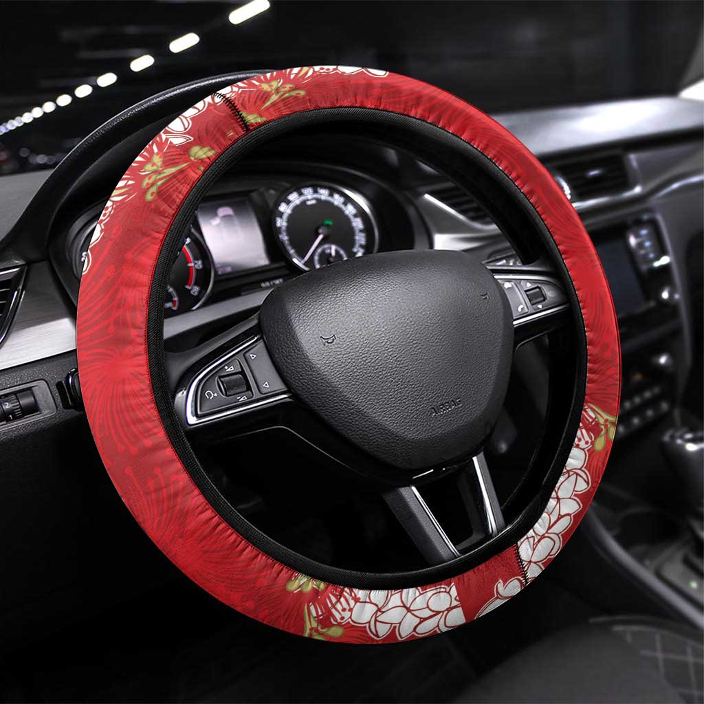 Hawaii Island Flowers Lei Steering Wheel Cover Ohia Lehua Scarlet Red LT7 Universal Fit Red - Polynesian Pride