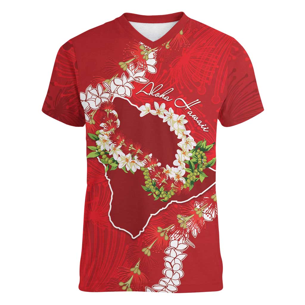 Hawaii Island Flowers Lei Women V-Neck T-Shirt Ohia Lehua Scarlet Red LT7 Female Red - Polynesian Pride