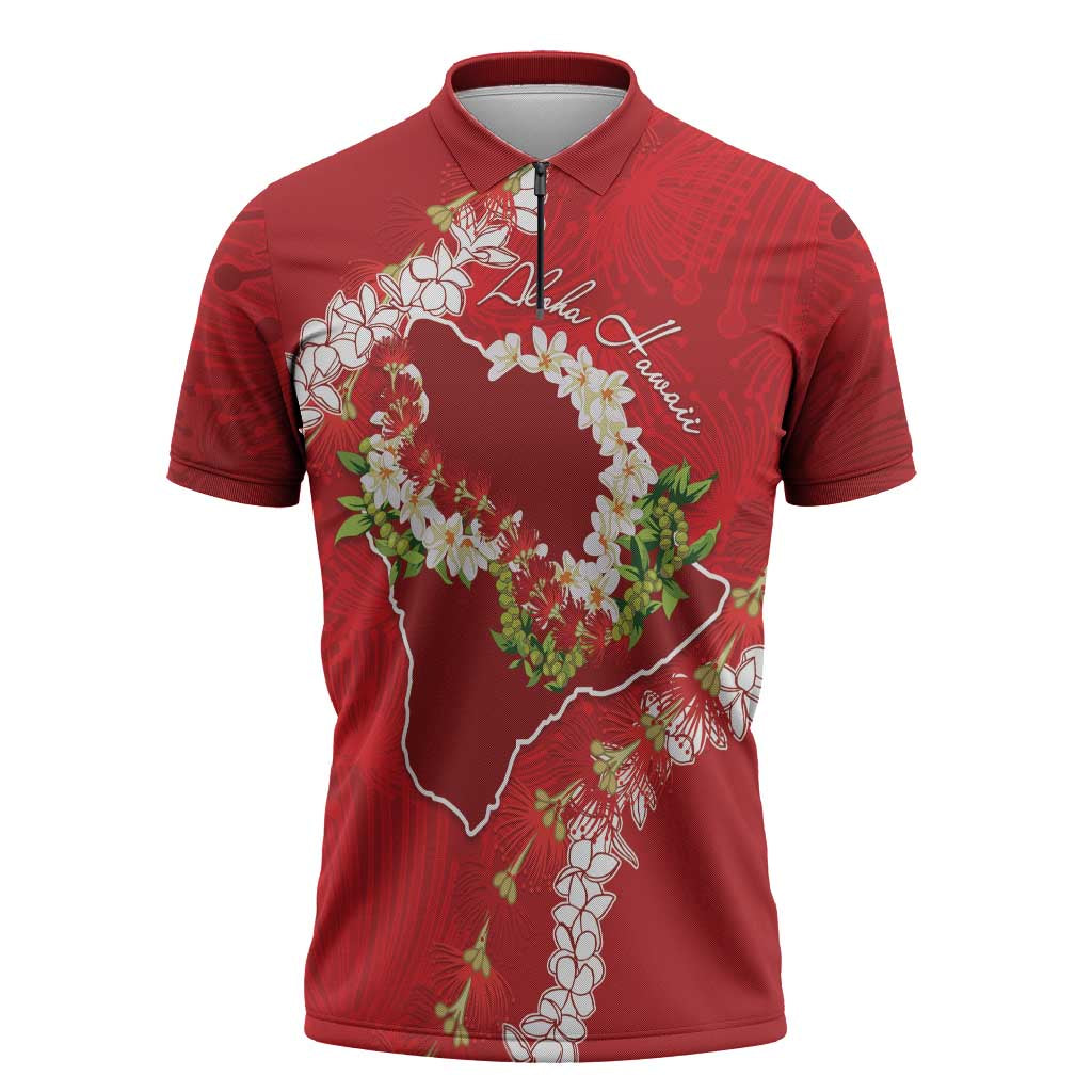 Hawaii Island Flowers Lei Zipper Polo Shirt Ohia Lehua Scarlet Red LT7 Red - Polynesian Pride