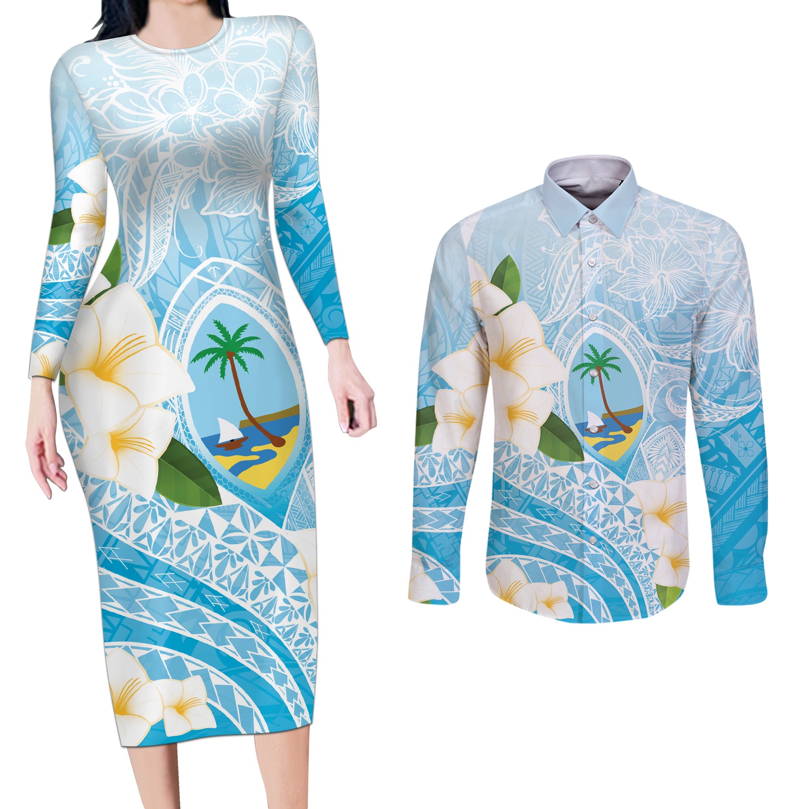 Guam Chamorro Guasali Flowers Couples Matching Long Sleeve Bodycon Dress and Long Sleeve Button Shirt Aqua Gradient