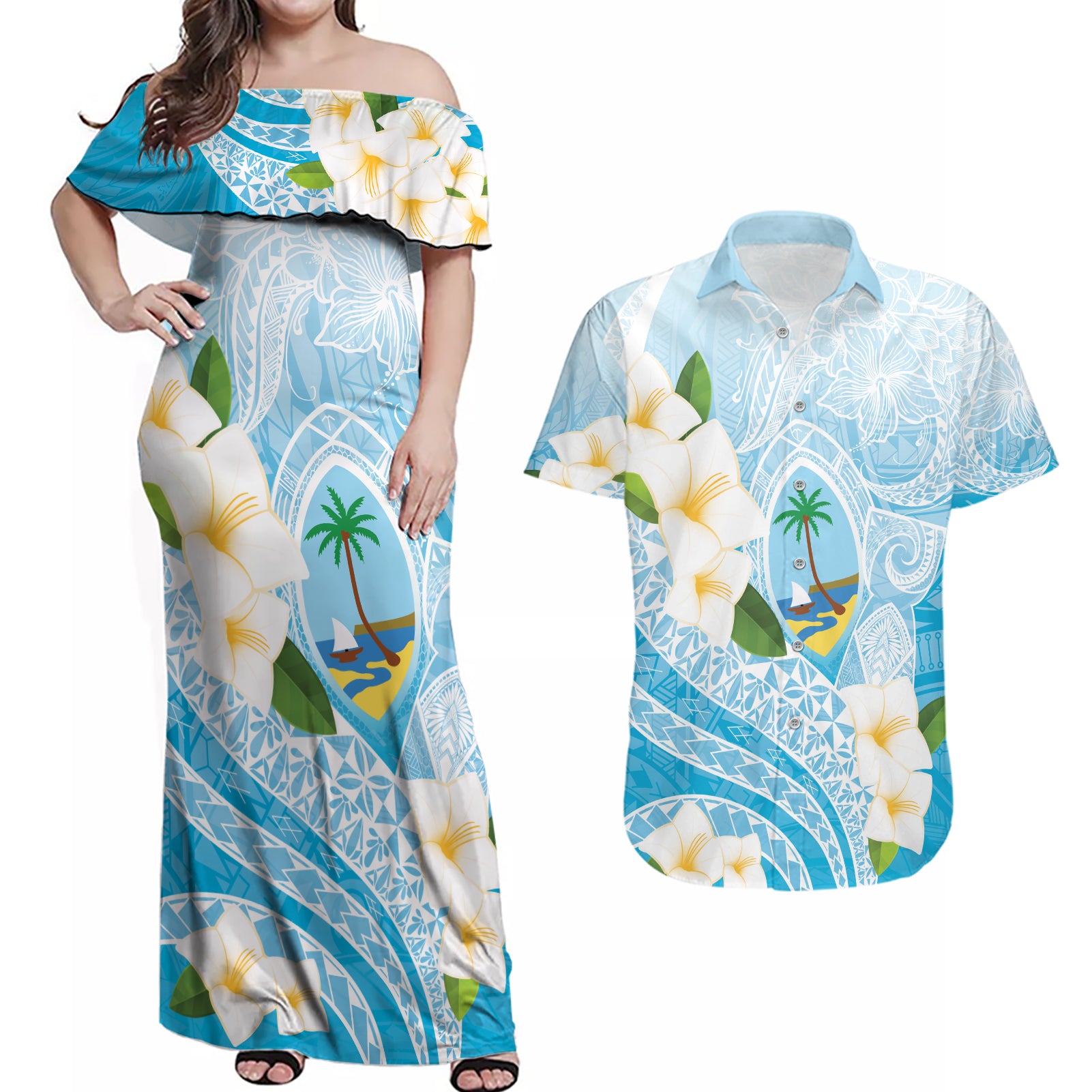 Guam Chamorro Guasali Flowers Couples Matching Off Shoulder Maxi Dress and Hawaiian Shirt Aqua Gradient