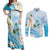 Guam Chamorro Guasali Flowers Couples Matching Off Shoulder Maxi Dress and Long Sleeve Button Shirt Aqua Gradient