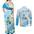 Guam Chamorro Guasali Flowers Couples Matching Off Shoulder Maxi Dress and Long Sleeve Button Shirt Aqua Gradient