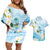 Guam Chamorro Guasali Flowers Couples Matching Off Shoulder Short Dress and Hawaiian Shirt Aqua Gradient