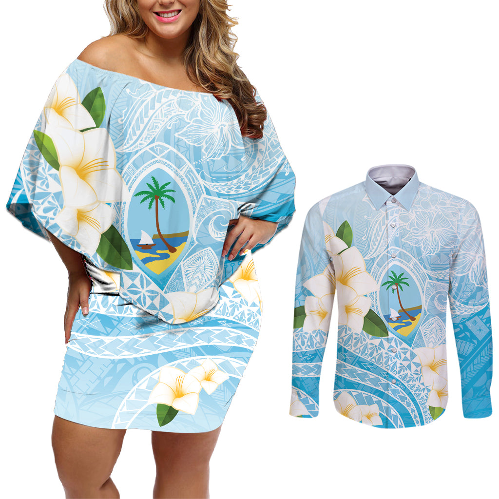 Guam Chamorro Guasali Flowers Couples Matching Off Shoulder Short Dress and Long Sleeve Button Shirt Aqua Gradient