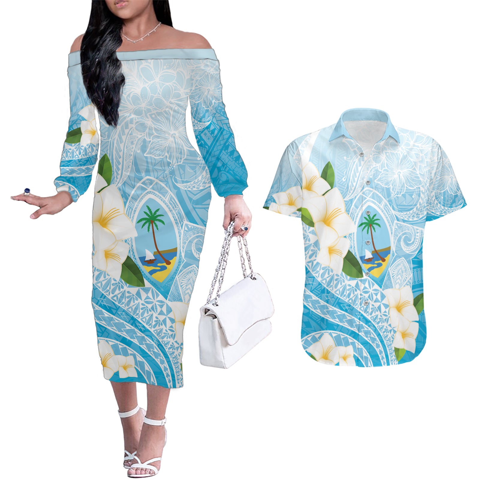 Guam Chamorro Guasali Flowers Couples Matching Off The Shoulder Long Sleeve Dress and Hawaiian Shirt Aqua Gradient