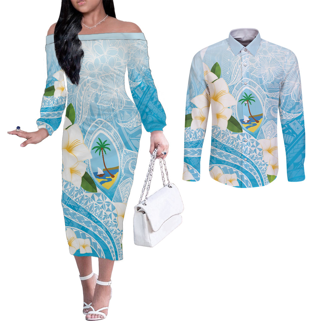 Guam Chamorro Guasali Flowers Couples Matching Off The Shoulder Long Sleeve Dress and Long Sleeve Button Shirt Aqua Gradient