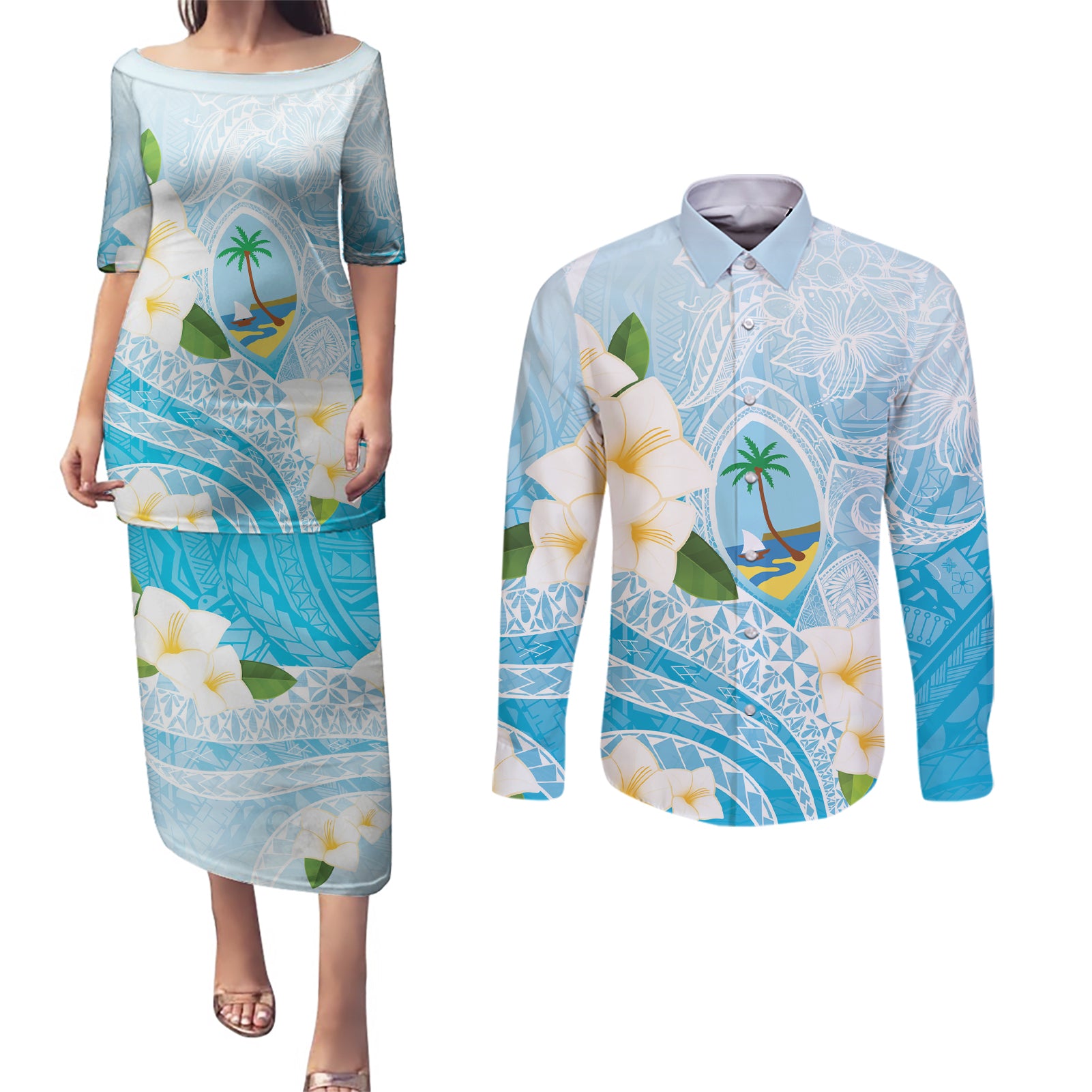 Guam Chamorro Guasali Flowers Couples Matching Puletasi and Long Sleeve Button Shirt Aqua Gradient