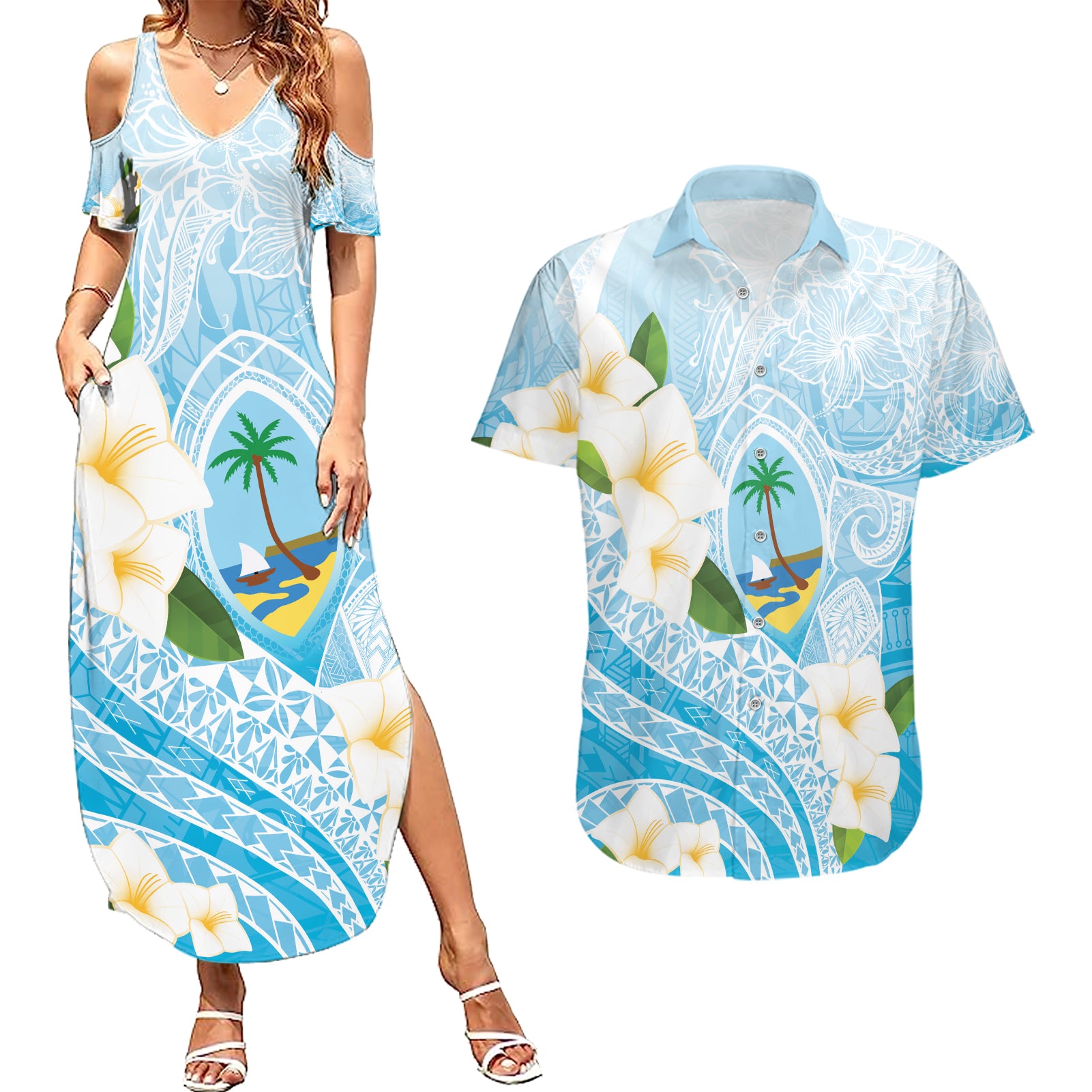 Guam Chamorro Guasali Flowers Couples Matching Summer Maxi Dress and Hawaiian Shirt Aqua Gradient