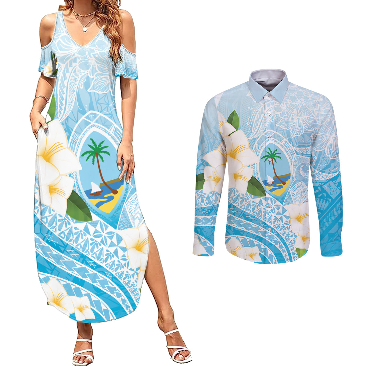 Guam Chamorro Guasali Flowers Couples Matching Summer Maxi Dress and Long Sleeve Button Shirt Aqua Gradient