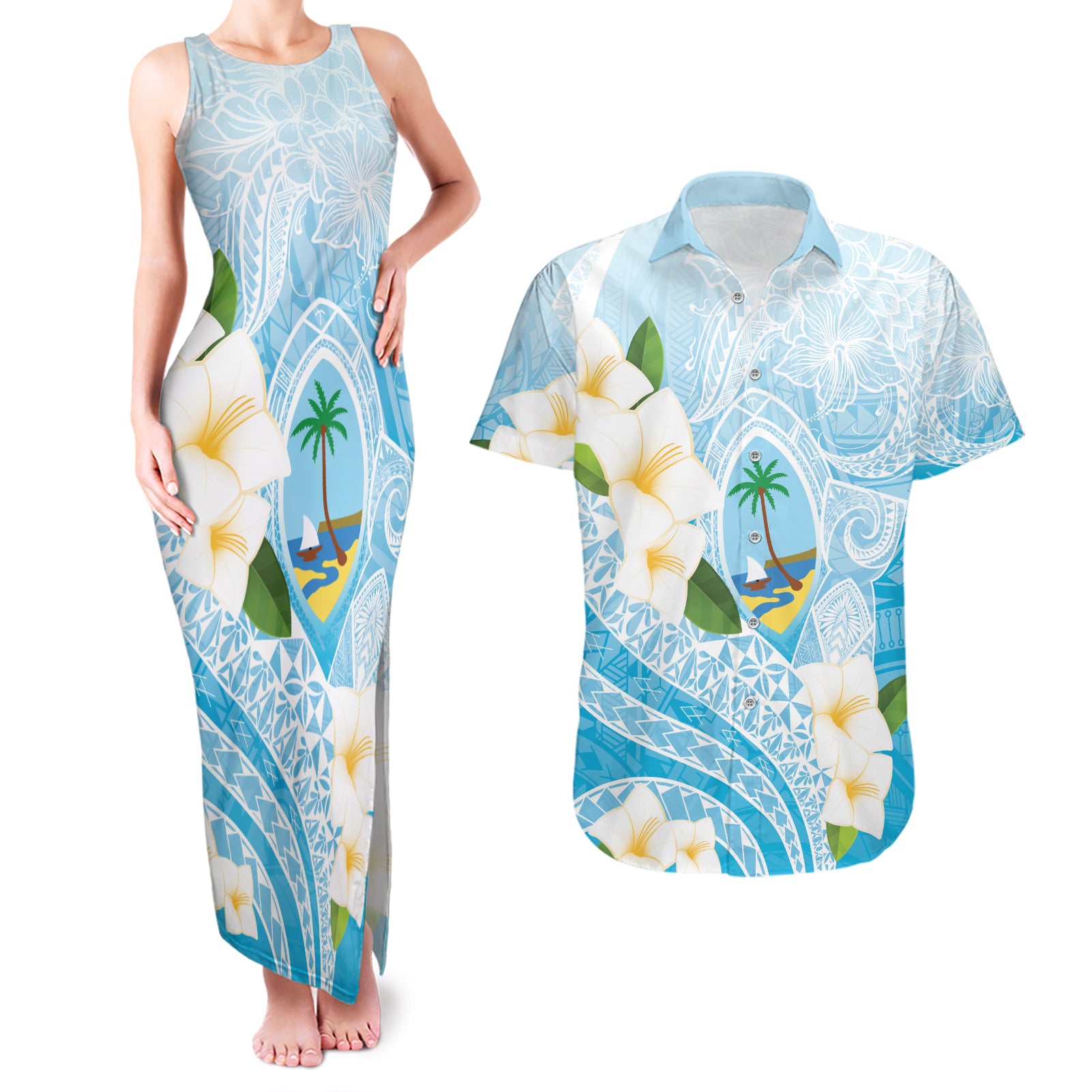 Guam Chamorro Guasali Flowers Couples Matching Tank Maxi Dress and Hawaiian Shirt Aqua Gradient