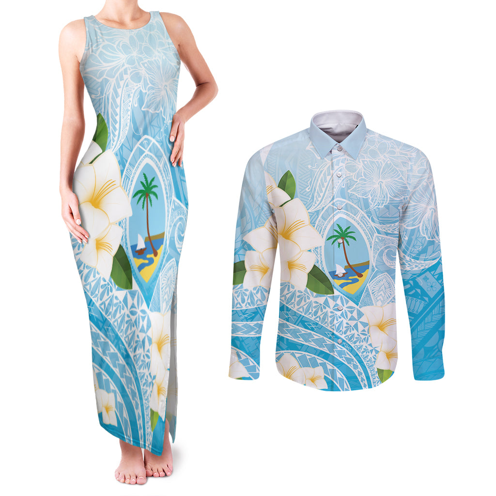 Guam Chamorro Guasali Flowers Couples Matching Tank Maxi Dress and Long Sleeve Button Shirt Aqua Gradient