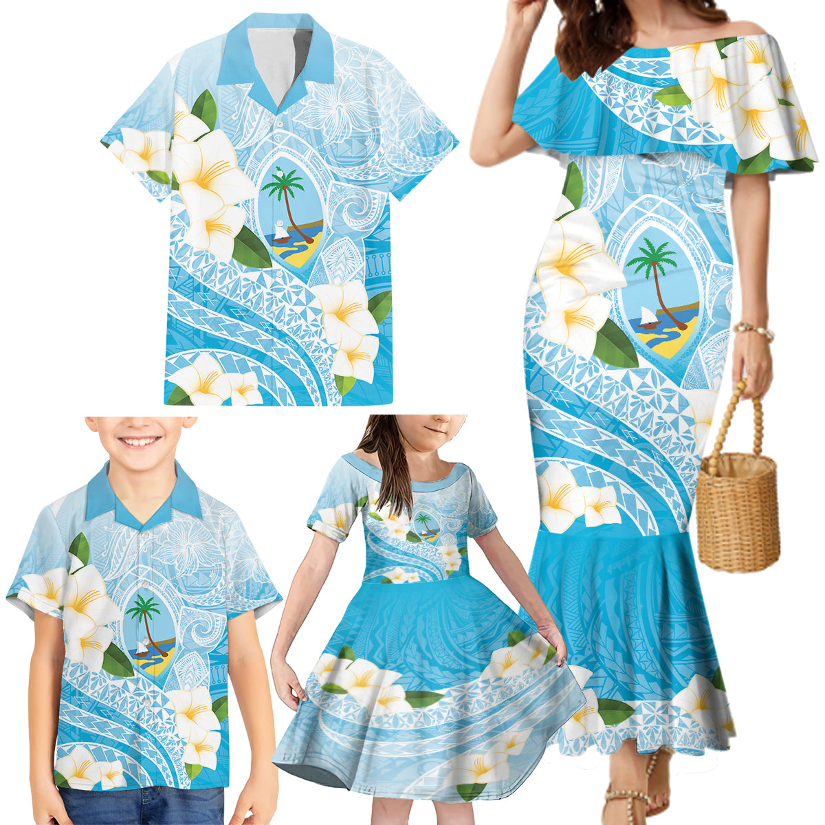 Guam Chamorro Guasali Flowers Family Matching Mermaid Dress and Hawaiian Shirt Aqua Gradient