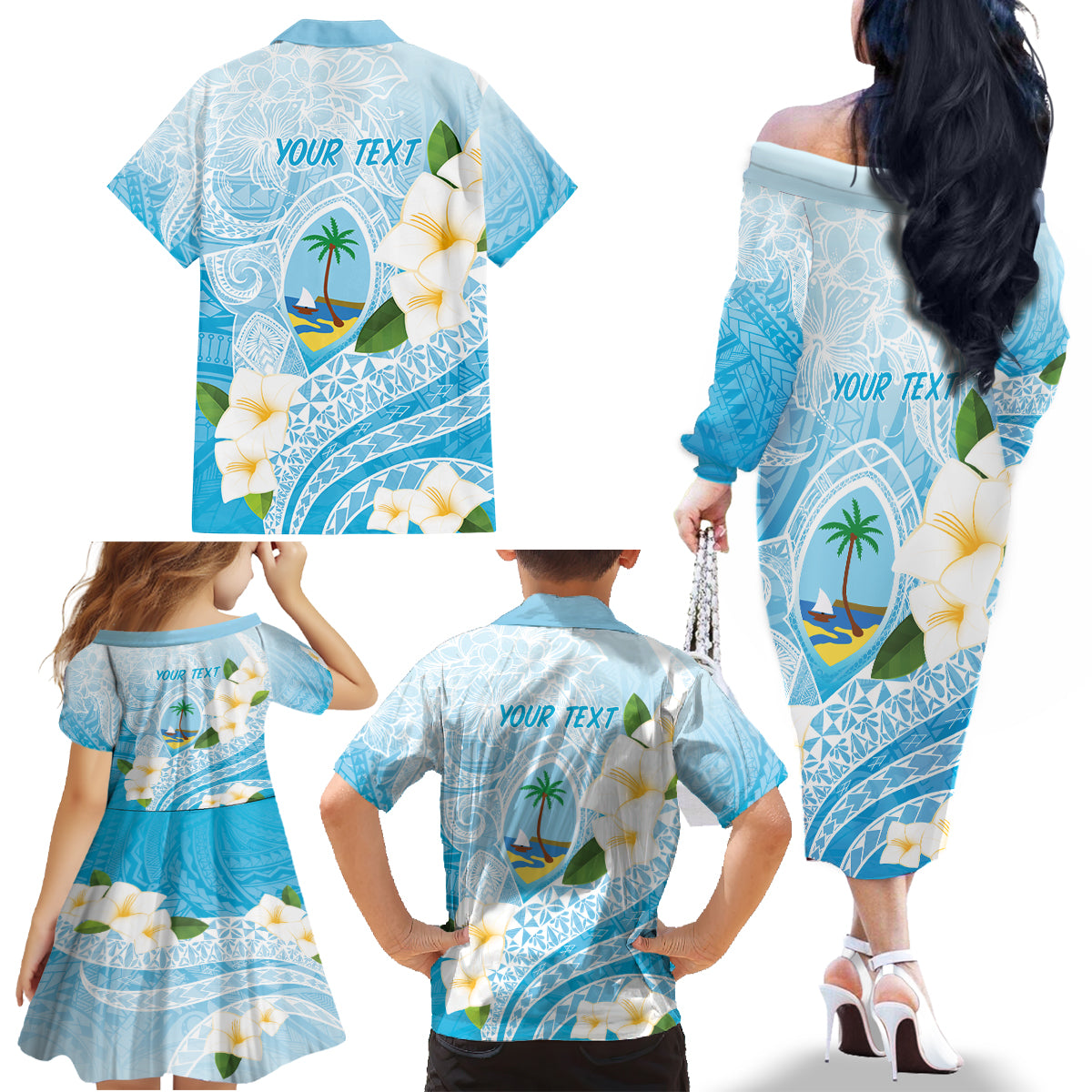 Guam Chamorro Guasali Flowers Family Matching Off The Shoulder Long Sleeve Dress and Hawaiian Shirt Aqua Gradient
