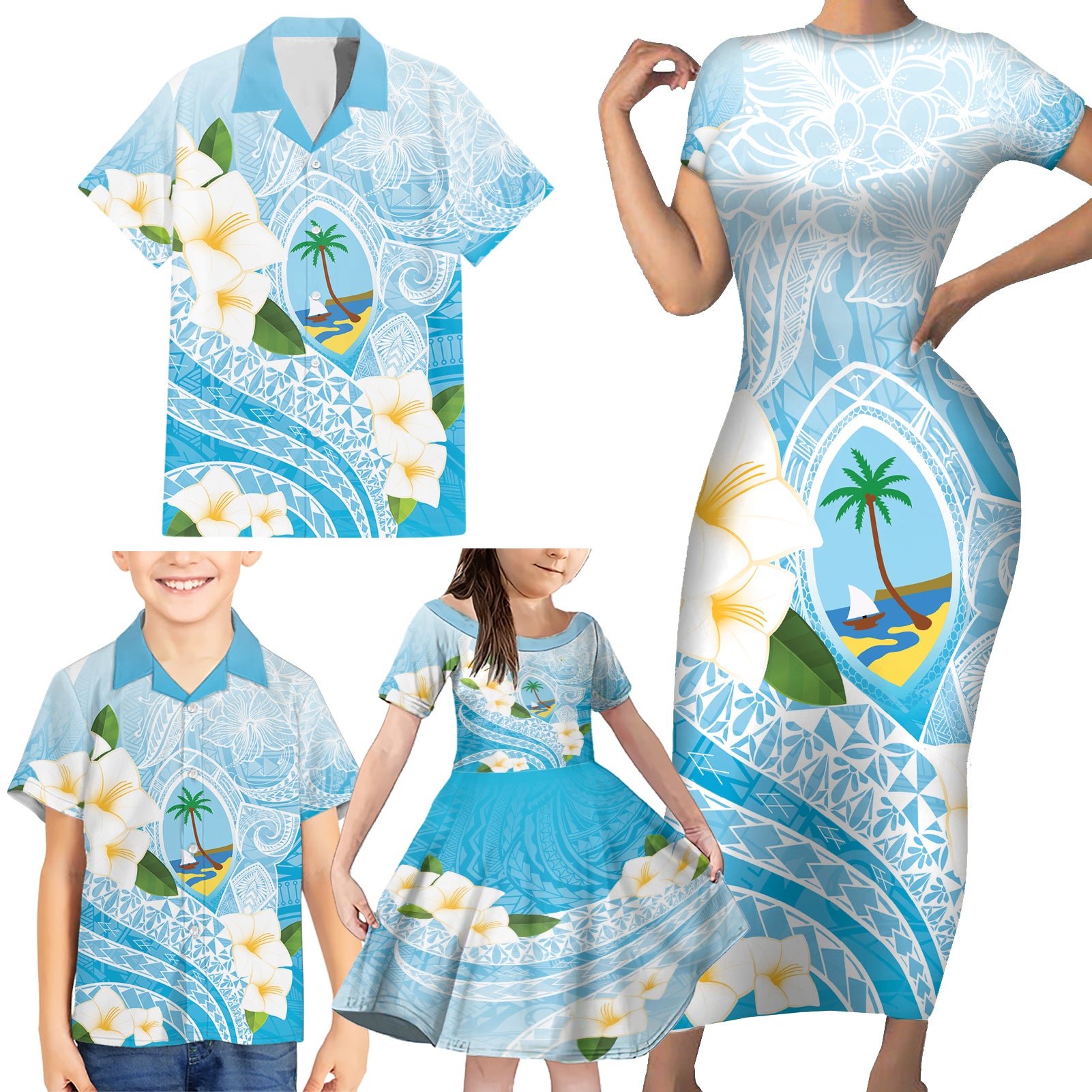 Guam Chamorro Guasali Flowers Family Matching Short Sleeve Bodycon Dress and Hawaiian Shirt Aqua Gradient