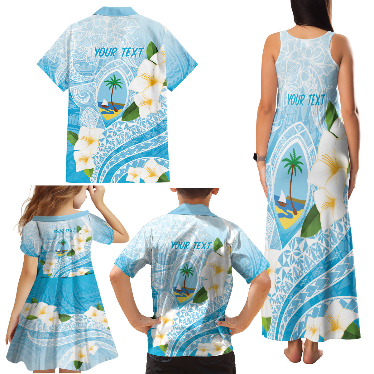 Guam Chamorro Guasali Flowers Family Matching Tank Maxi Dress and Hawaiian Shirt Aqua Gradient