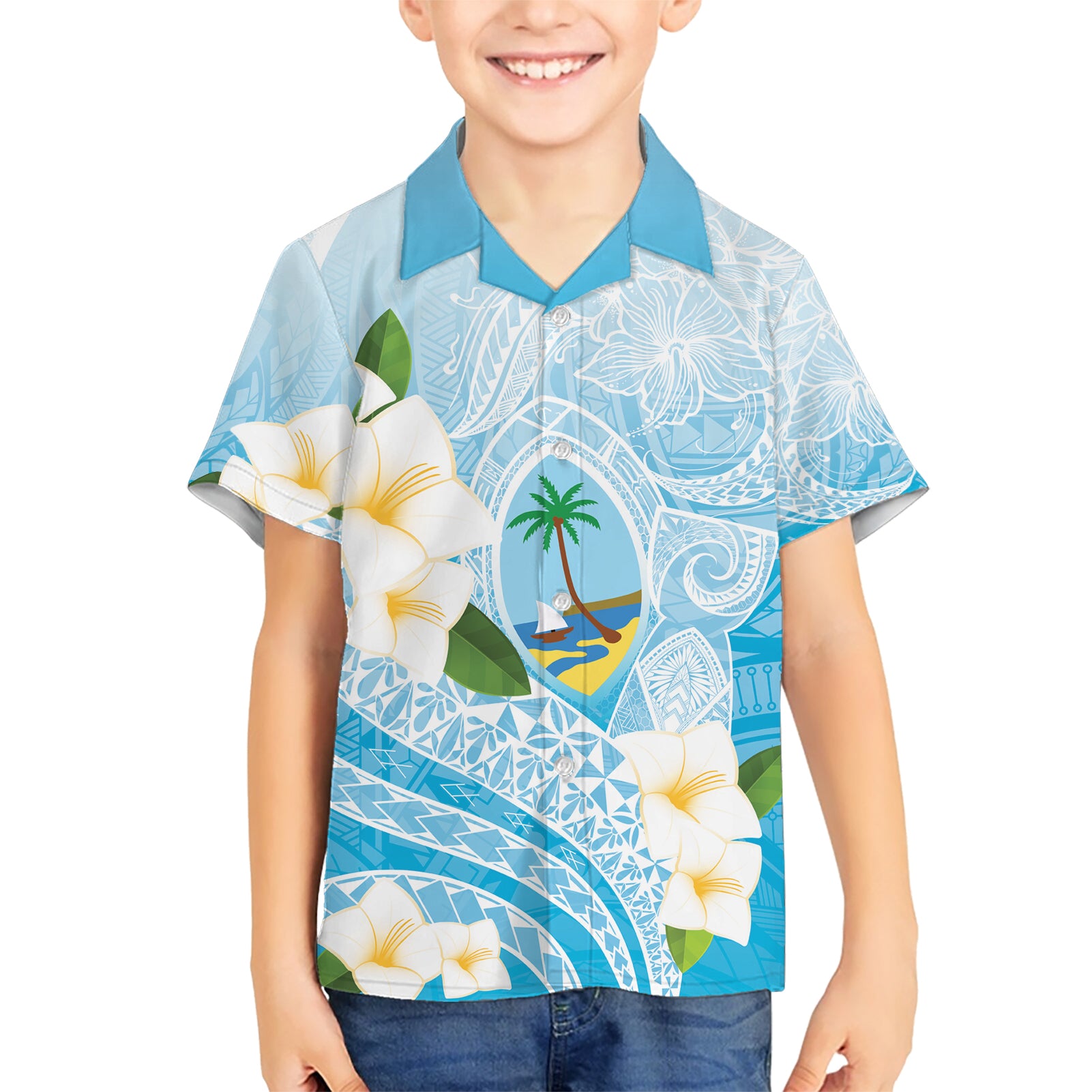 Guam Chamorro Guasali Flowers Kid Hawaiian Shirt Aqua Gradient