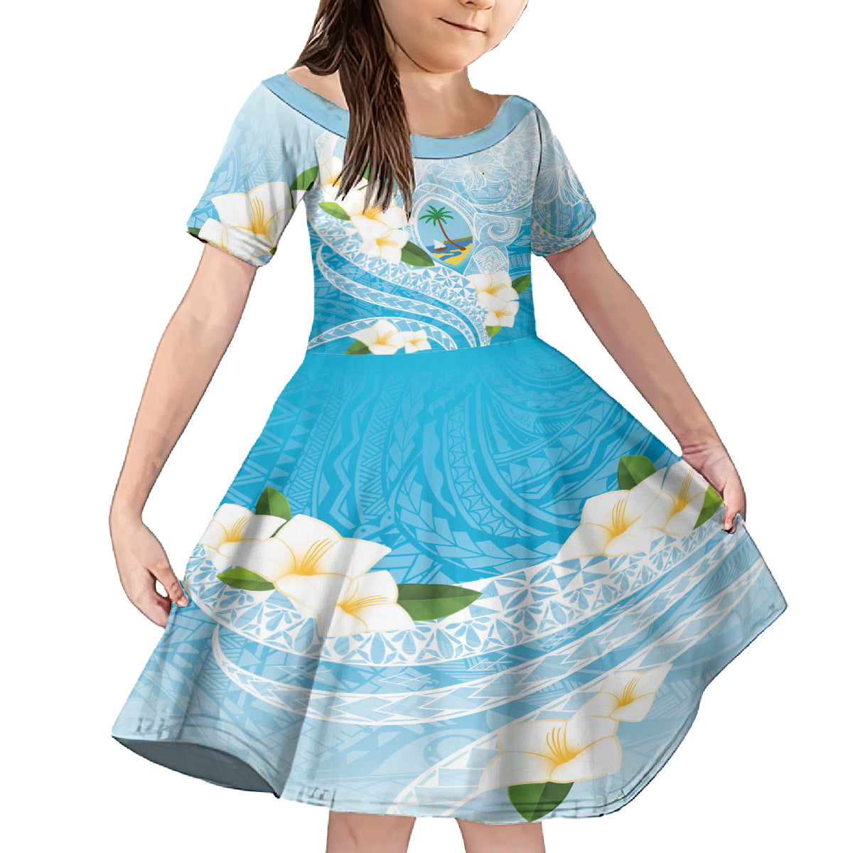 Guam Chamorro Guasali Flowers Kid Short Sleeve Dress Aqua Gradient