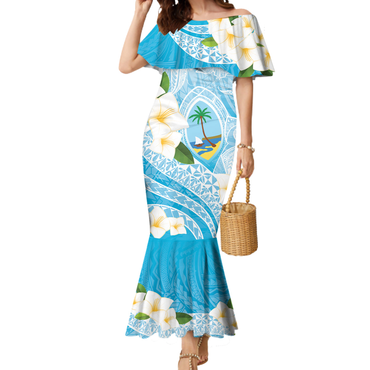 Guam Chamorro Guasali Flowers Mermaid Dress Aqua Gradient