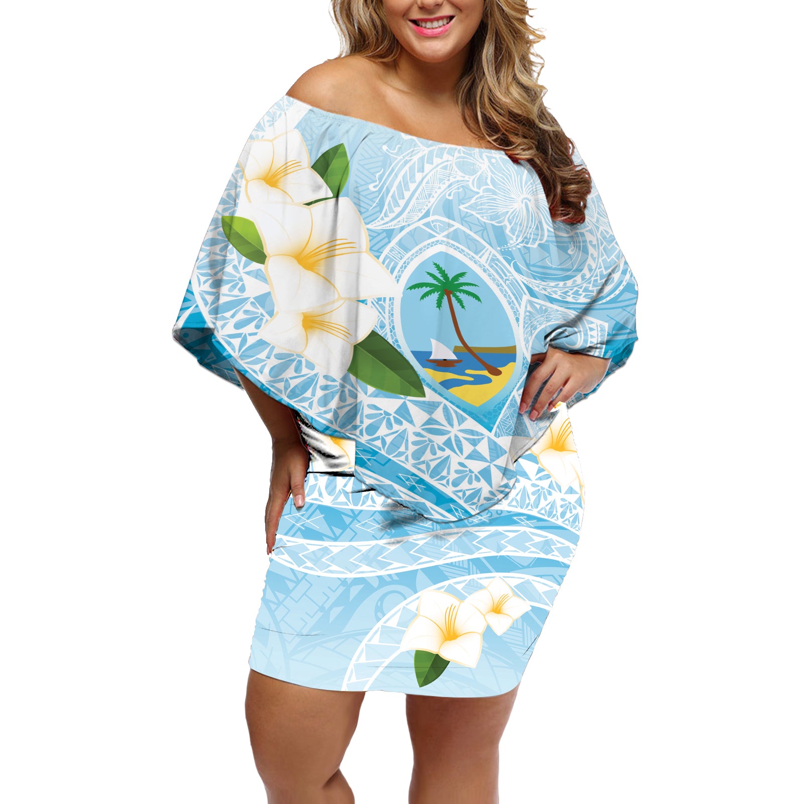 Guam Chamorro Guasali Flowers Off Shoulder Short Dress Aqua Gradient