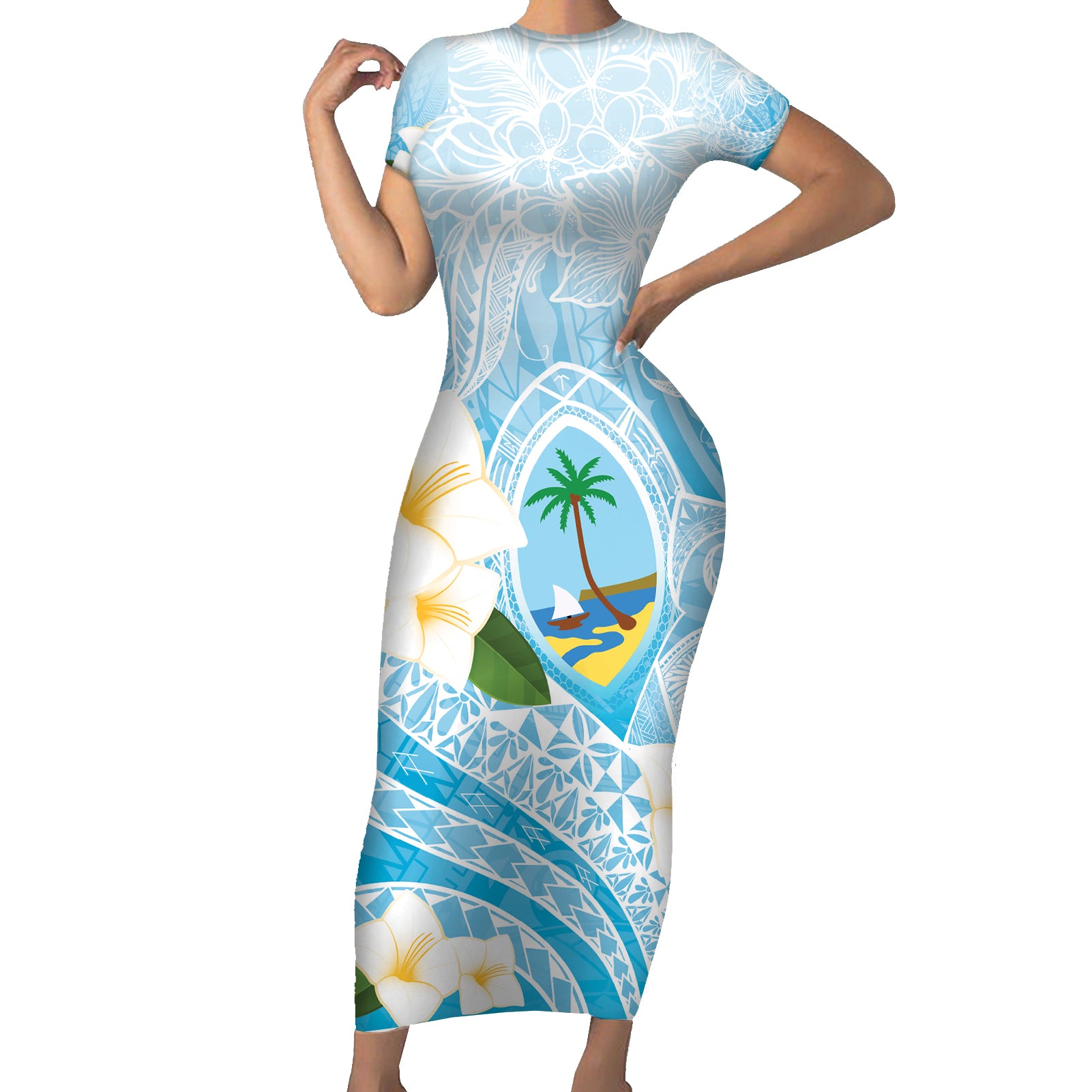 Guam Chamorro Guasali Flowers Short Sleeve Bodycon Dress Aqua Gradient