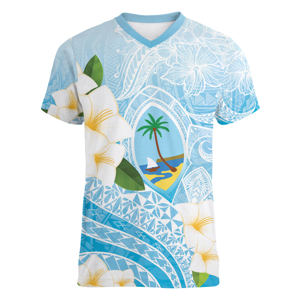 Guam Chamorro Guasali Flowers Women V-Neck T-Shirt Aqua Gradient