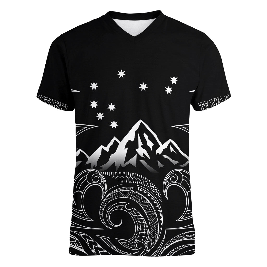 Personalised New Zealand Women V Neck T Shirt Maori Te Iwa o Matariki LT7 Female Black - Polynesian Pride