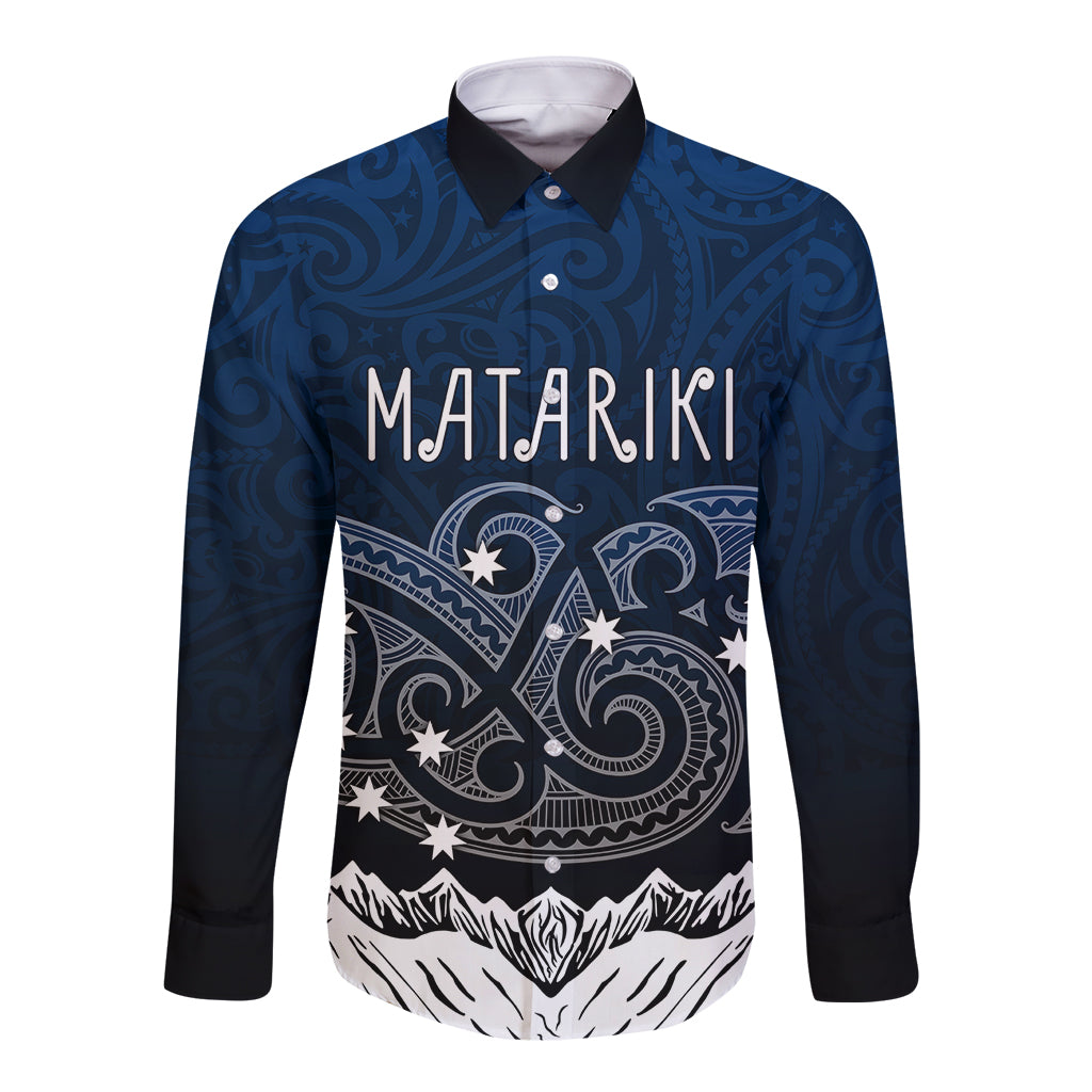 Personalised New Zealand Long Sleeve Button Shirt Matariki Maori Patterns - Gradient LT7 Unisex Black - Polynesian Pride