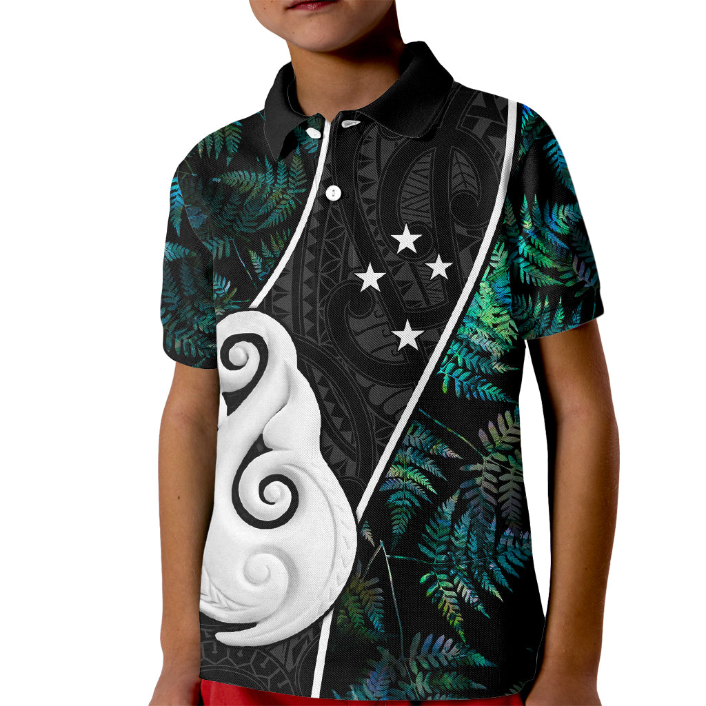 Personalised New Zealand Kid Polo Shirt Paua Shell Maori Manaia with Silver Ferns LT7 Kid Art - Polynesian Pride