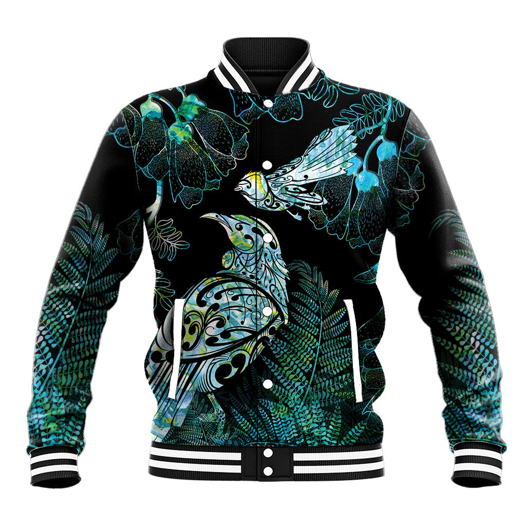 Aotearoa Maori Mahuru Baseball Jacket Spring Time - Paua Shell Green LT7 Unisex Black - Polynesian Pride