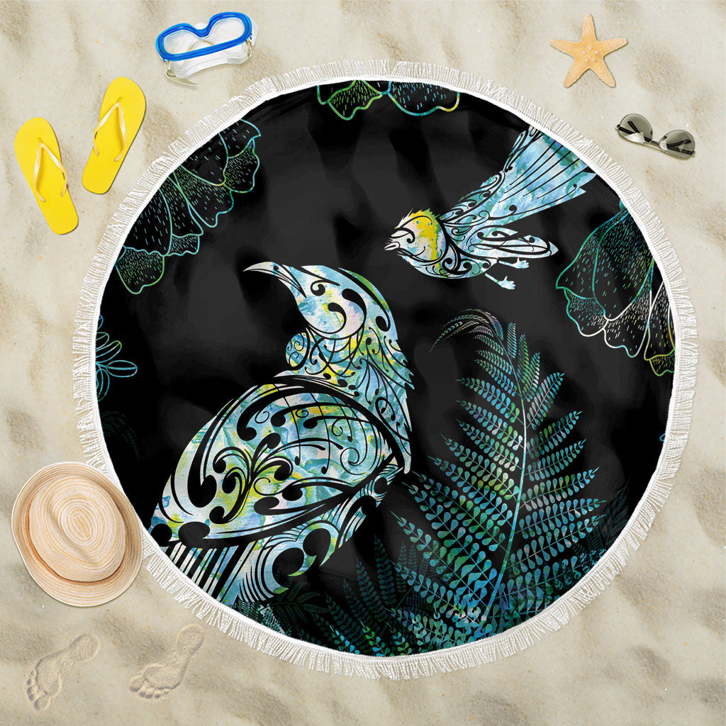 Aotearoa Maori Mahuru Beach Blanket Spring Time - Paua Shell Green LT7 One Size 150cm Black - Polynesian Pride