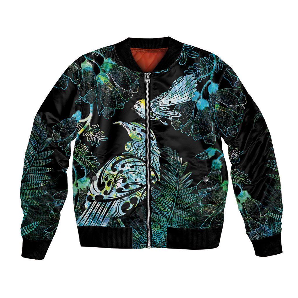 Aotearoa Maori Mahuru Bomber Jacket Spring Time - Paua Shell Green LT7 Unisex Black - Polynesian Pride