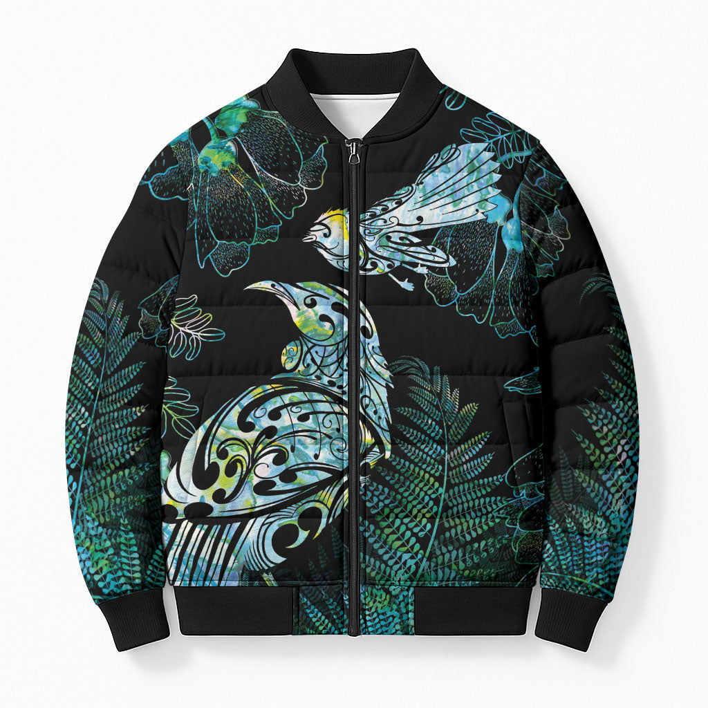 Aotearoa Maori Mahuru Bomber Puffer Jacket Spring Time - Paua Shell Green LT7 Unisex Black - Polynesian Pride